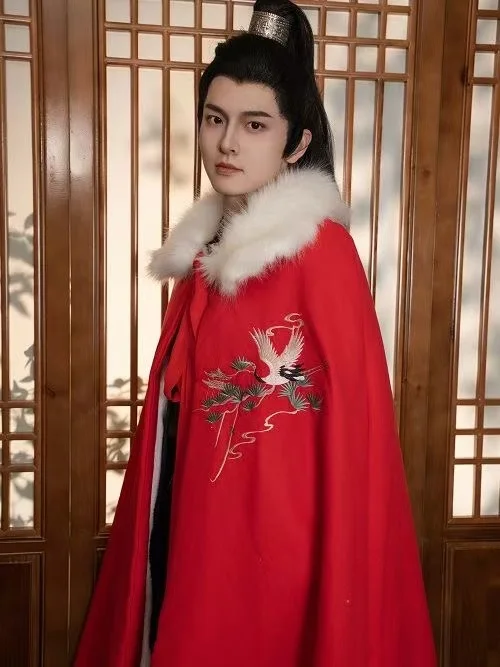 Fee Kran Glück Hirsch Stickerei Hanfu Mantel Männer Frauen Winter Verdicken Samt Äußere Robe Traditionelle Vintage Warme Lange Tops