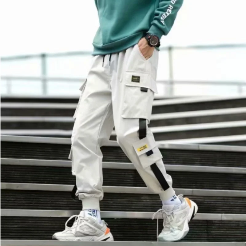 2024 Spring Autumn New Men\'s Korean Fashion Multi-pocket Loose Ins Nine-minute Drawstring Leg Work Pants Casual Daily Sweatpants