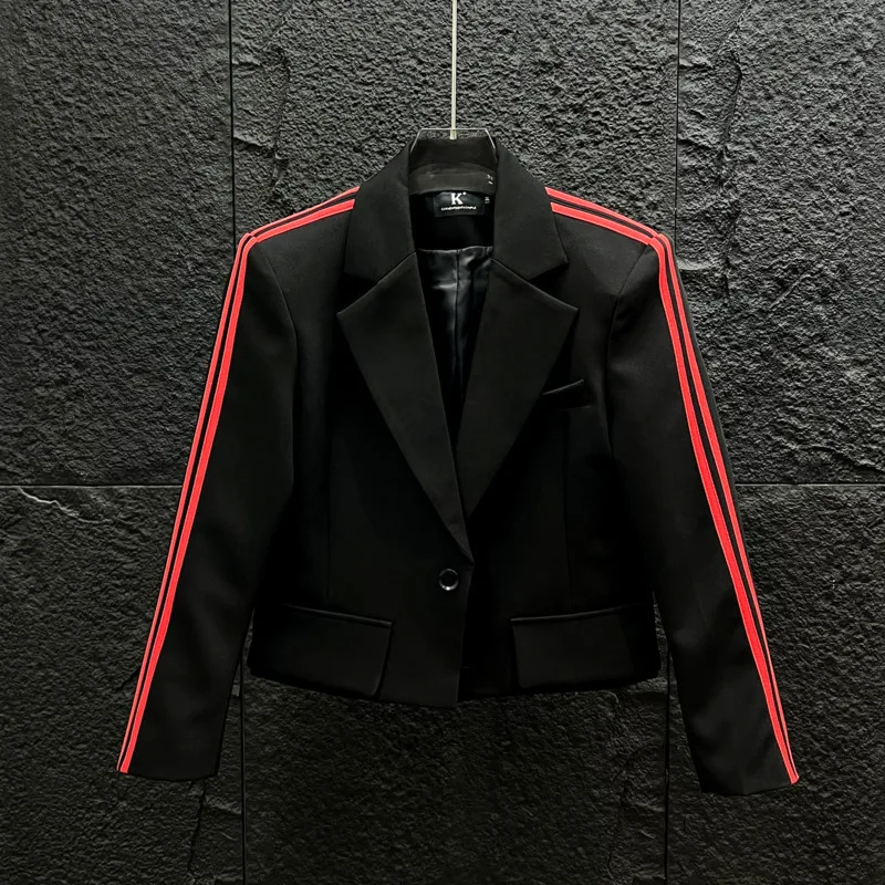 WVGA Spring Autumn New Men Trendy Color-blocked Striped Suit Set Stylish Loose-fit Short Blazer Niche Chic Straight Pants W25987