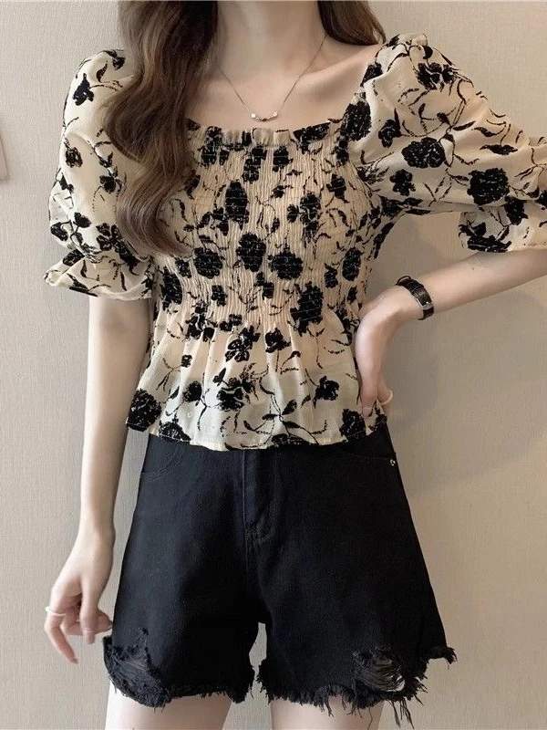Sweet Floral Design Women's T-shirt Bubble Sleeve High Elasticity Base Shirt Korean Style Summer Fashion Breathable Short Sleeve