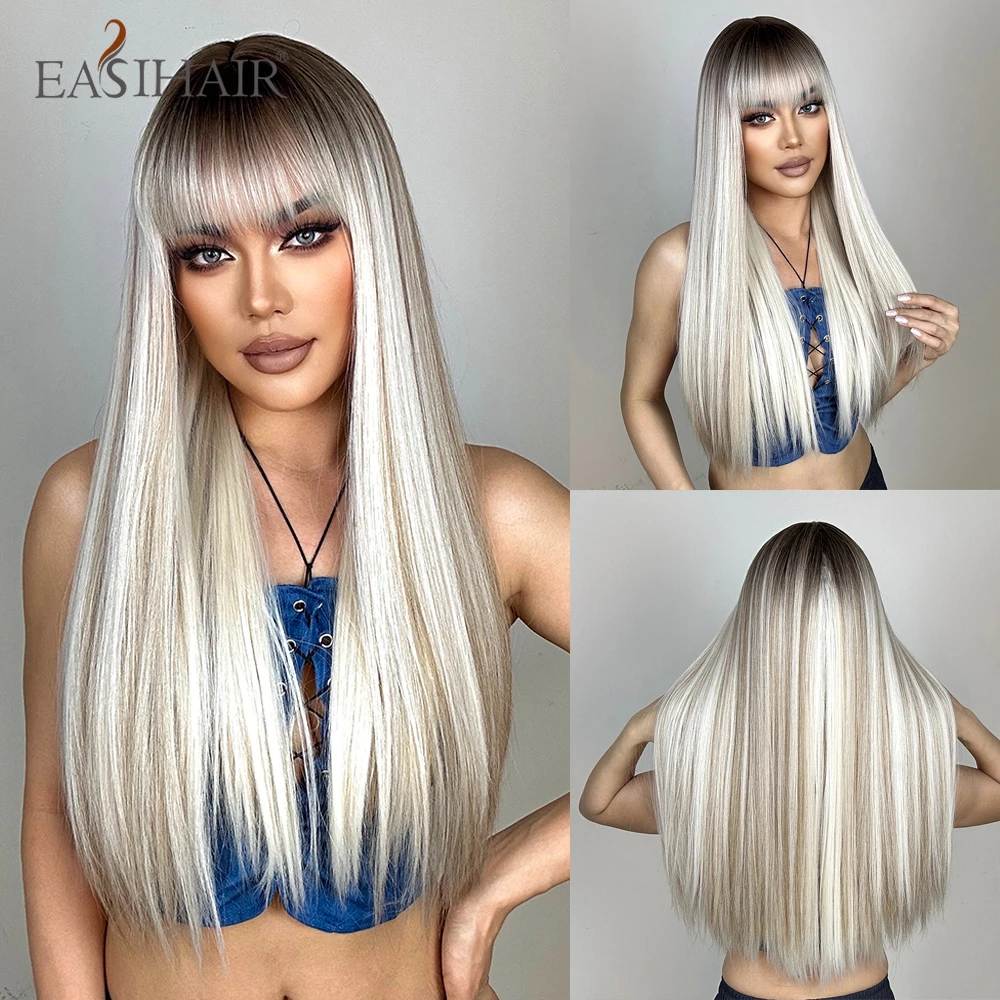 

EASIHAIR Long Straight Synthetic Wig with Bang Platinum Blonde Light Brown Hair Wig for Women Daily Party Cosplay Heat Resistant