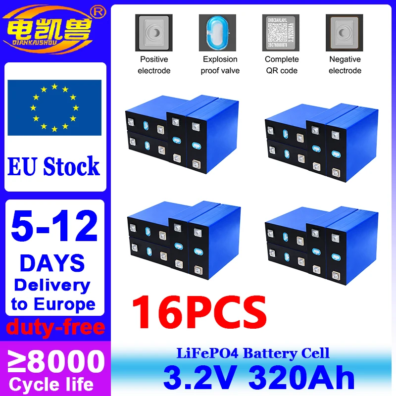 16pcs EU Stock 3.2V 320Ah Lifepo4 Battery Cell DIY 12V24V For Ship Boat RV Power ESS Wall Power Solar Home Energy Storage System