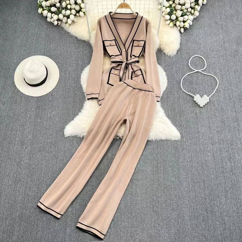 Autumn Knitted 2 Two Piece Set Women Striped Print Korean Ladies Cardigans High Waist Fashion Casual Wide Leg Pants Woman A48