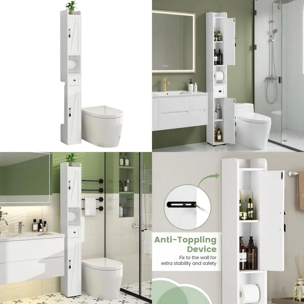 

Высокий белый узкий шкаф для ванной 67 см с регулируемыми полками, держателем для туалетной бумаги и магнитными дверцами