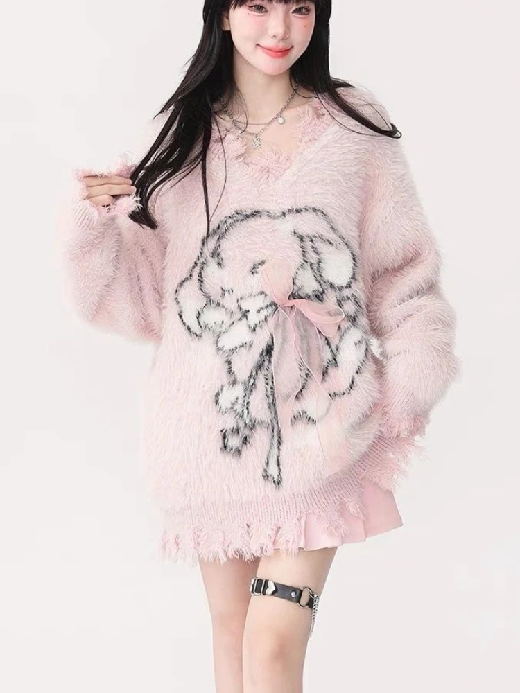 QWEEK Y2k Coquette Kawaii Cute Sweater Sweet Gitls Student School Rabbit Print Cartoon Grunge American Vintage Pullovers 2024