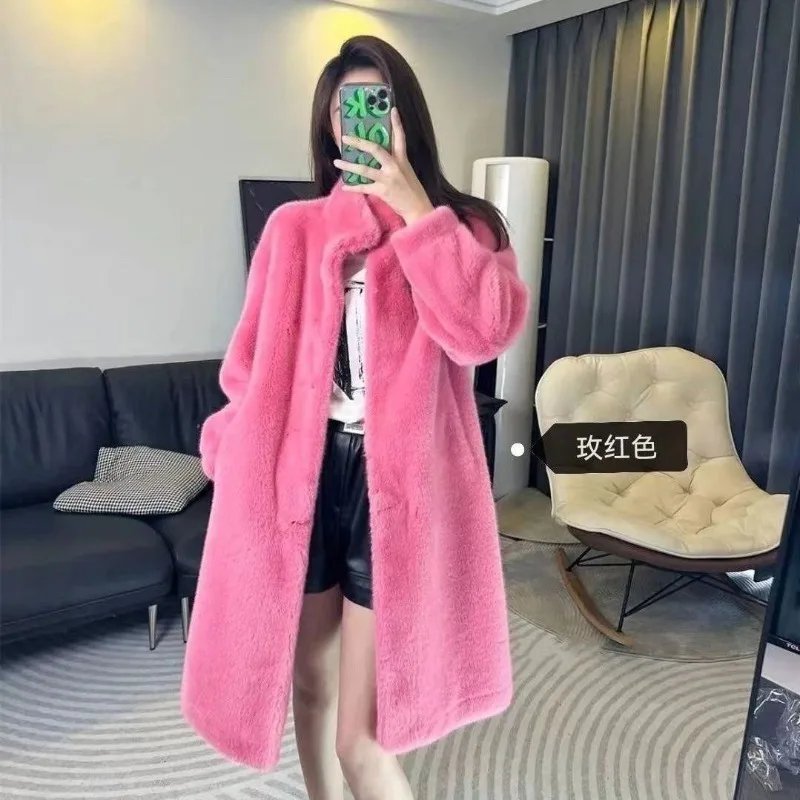 نمط جديد سميك عصري من قطعة واحدة بياقة واقفة من الفرو الصناعي معطف شتوي فضفاض طويل مع ملابس خارجية من فرو المنك