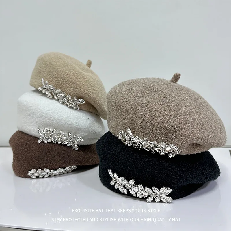 Autumn and Winter New Water Diamond Beret Korean Edition Folded Fashion Octagonal Hat Light Luxury Style Artist Hat Girl