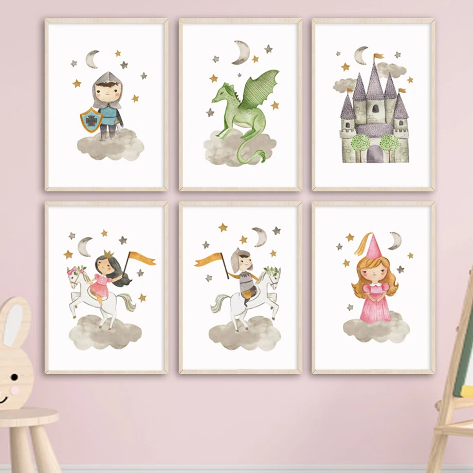 Knight Princess Castle Dragon Horse Fairy Tale Cartoon Wall Art Children's Kids Baby Room Decor Posters Prints Canvas Painting