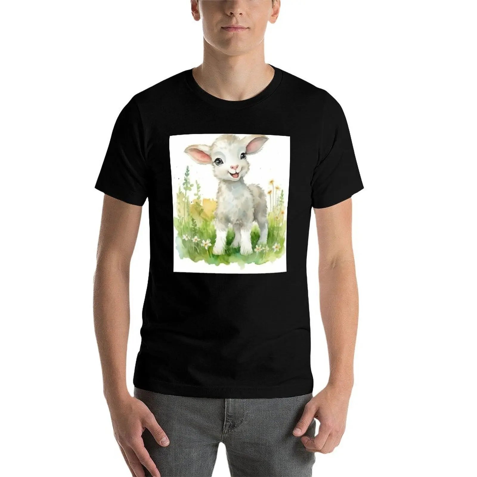 تي شيرت Happy White Lamb - Meadow Friends: مطبوع بالألوان المائية للأطفال من Mila van Meer تي شيرت رجالي عادي #4