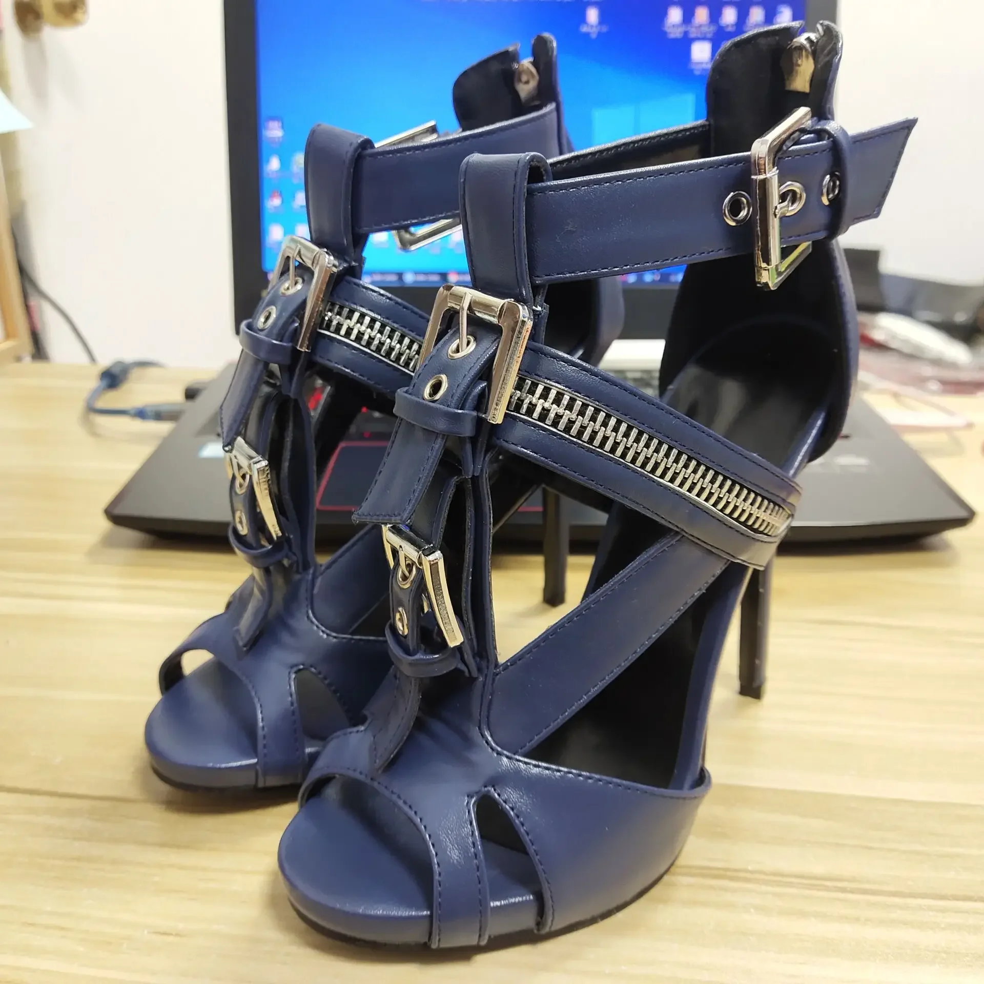 【Measure your feet length before order】Women Stiletto High Heel Buckle Ankle Strap Sandal Zippers Punk Evening Dress Shoe I-SL-1