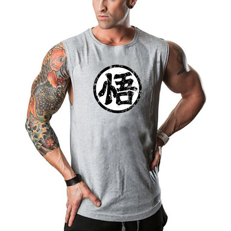 Japanese Anime Wu Font Funny Print Fitness Tank Tops Mens Cotton Bodybuilding Stringer Vest Gym Clothing Sports Sleeveless Shirt