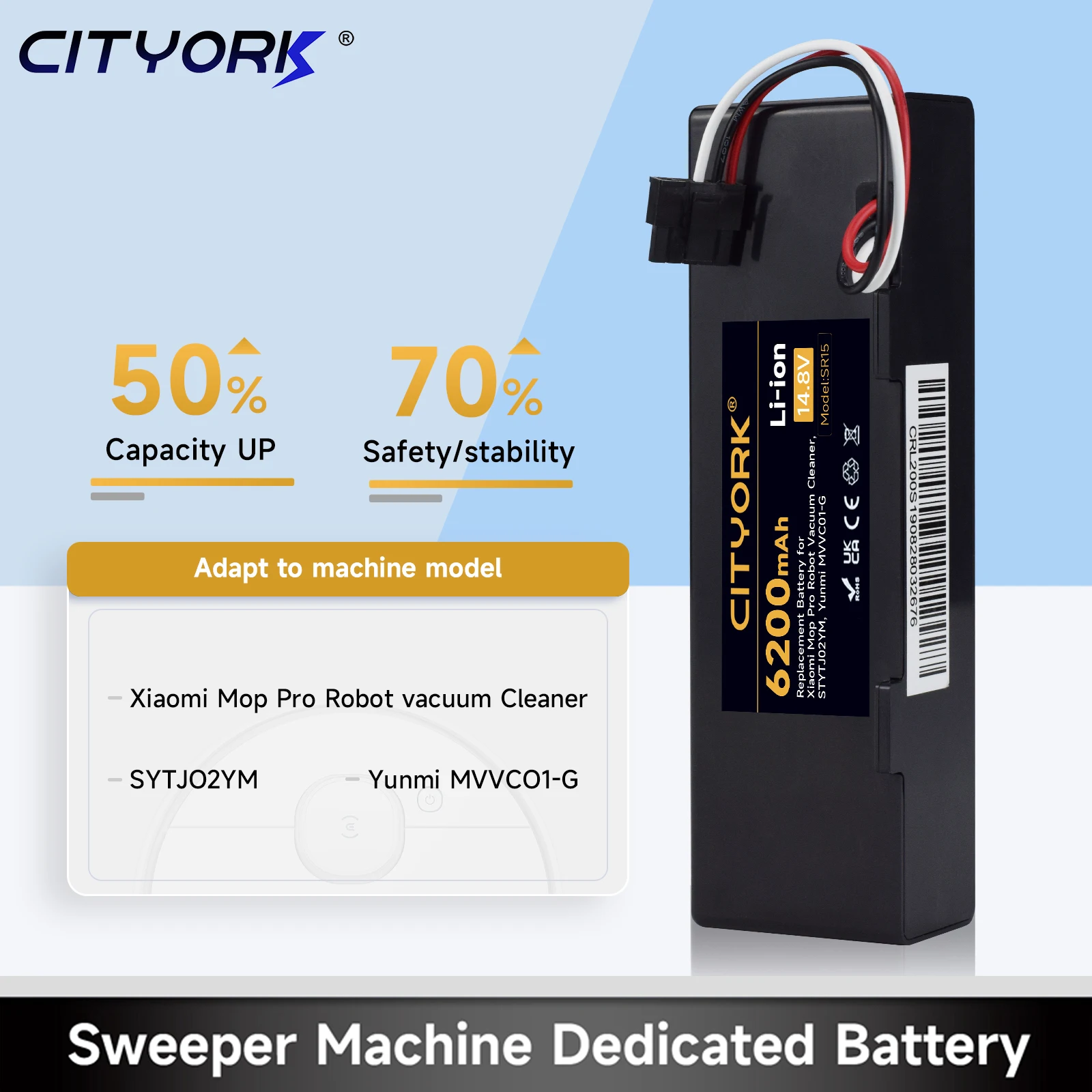 Cityork 14.8V 6200mAh Sweeping Mopping Rechargeable Battery For Xiaomi Mop Pro Robot Vacuum Cleaner STYTJO2YM Yummy MVVC01-G