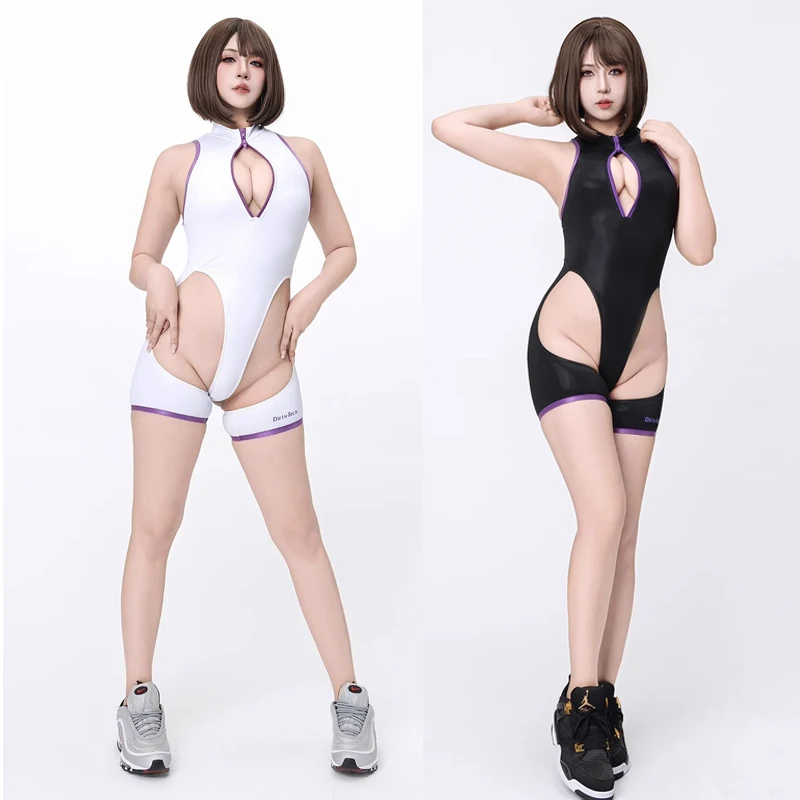 

Japanese One Piece Swimsuit Cosplay Women Sexy Cut Out High Split Chest Zipper Hip Lift Competitive Swimming Bathing Suit