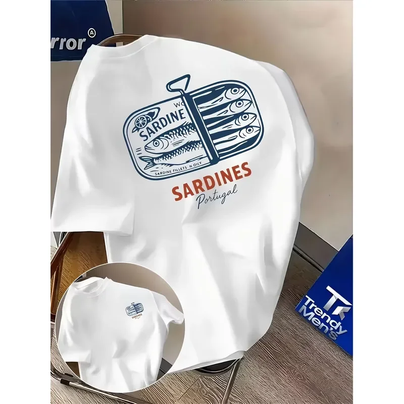 Portuguese Sardine Canned Food Retro Print Summer Cuisine-themed Loose Comfortable Short-sleeved T-shirt for Men Fashion