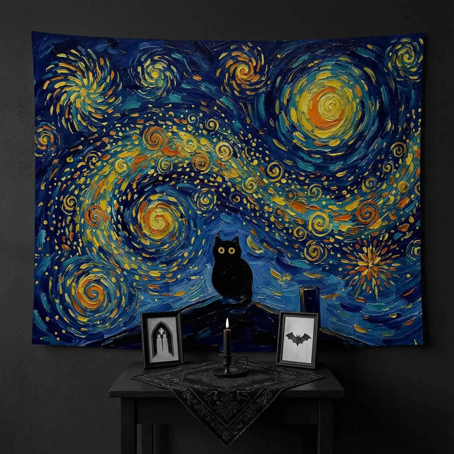 Van Gogh Starry Night Cat Tapestries Impressionist Art Tapestries Black Cat on Rooftop Wall Tapestry Bedroom Dormitory Living