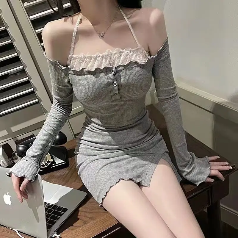 Vintage Party Women\'s Sundresses Prom Crochet Sexy Short Slip Shirts Dress Bodycon Sklinky Mini Knit Off Shoulder Backless Grey