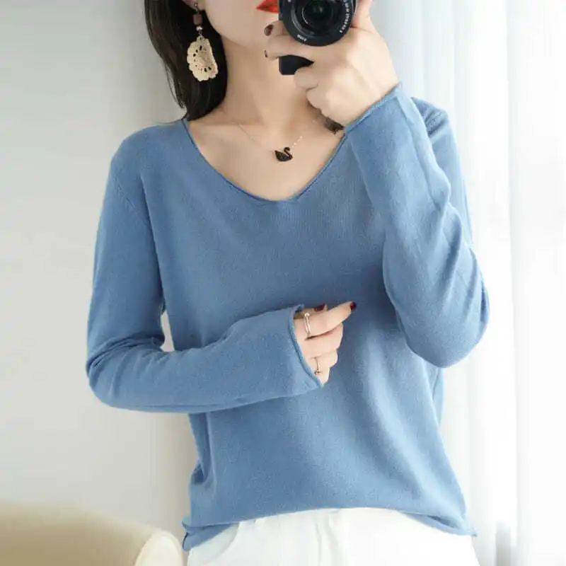 Fashion Solid Color V-Neck Knitted Blouses Autumn New Casual Pullovers 2022 Commute Woman Clothes All-match Shirt