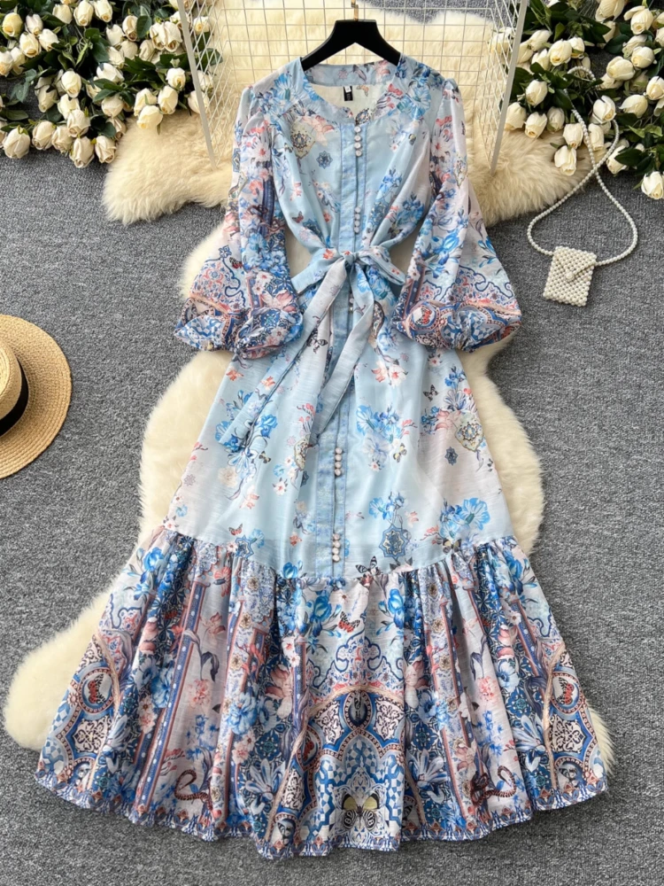 

French Vintage Dress Lantern Sleeve Flower Print Lace Up Ruffles Patchwork Vestidos Para Mujer Spring Autumn 2025 Women Clothing
