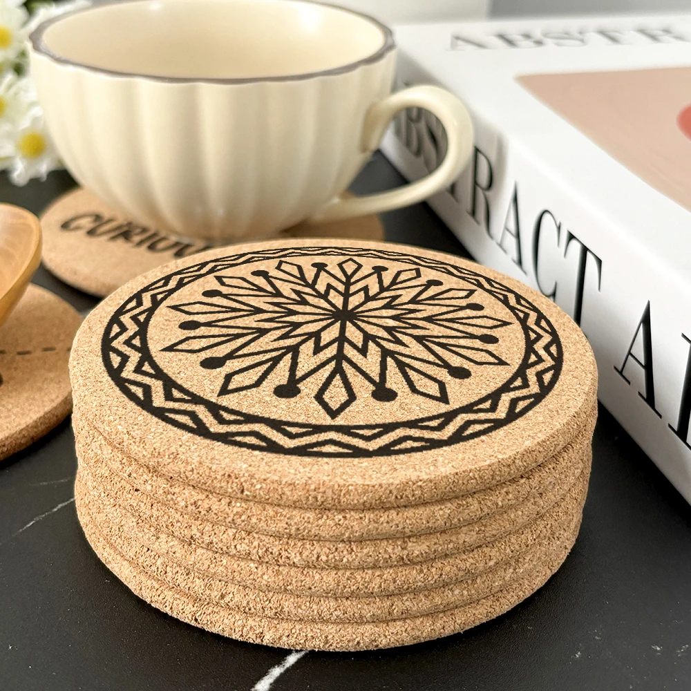 New 6pcs/Set Fashion Creative Engraved Mandala Pattern Round Cork Coasters For Coffee Cups Mugs Drink Holder and Tableware