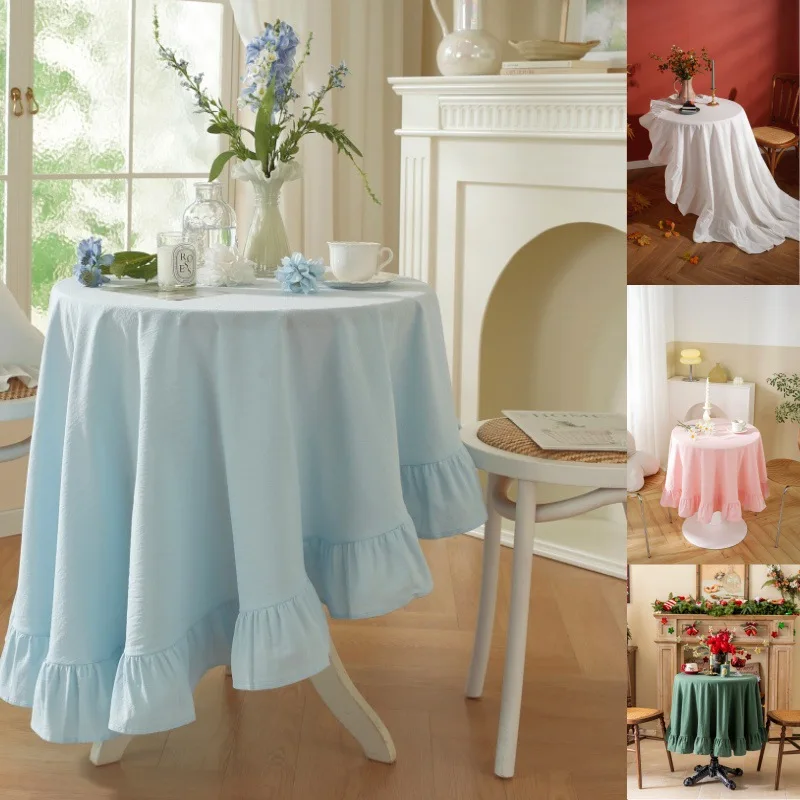 Retro Farmhouse Ruffle Round Tablecloth 100% Cotton Table Cloth Washable Table Cover for Kitchen Dining, Picnic,Party Decoration