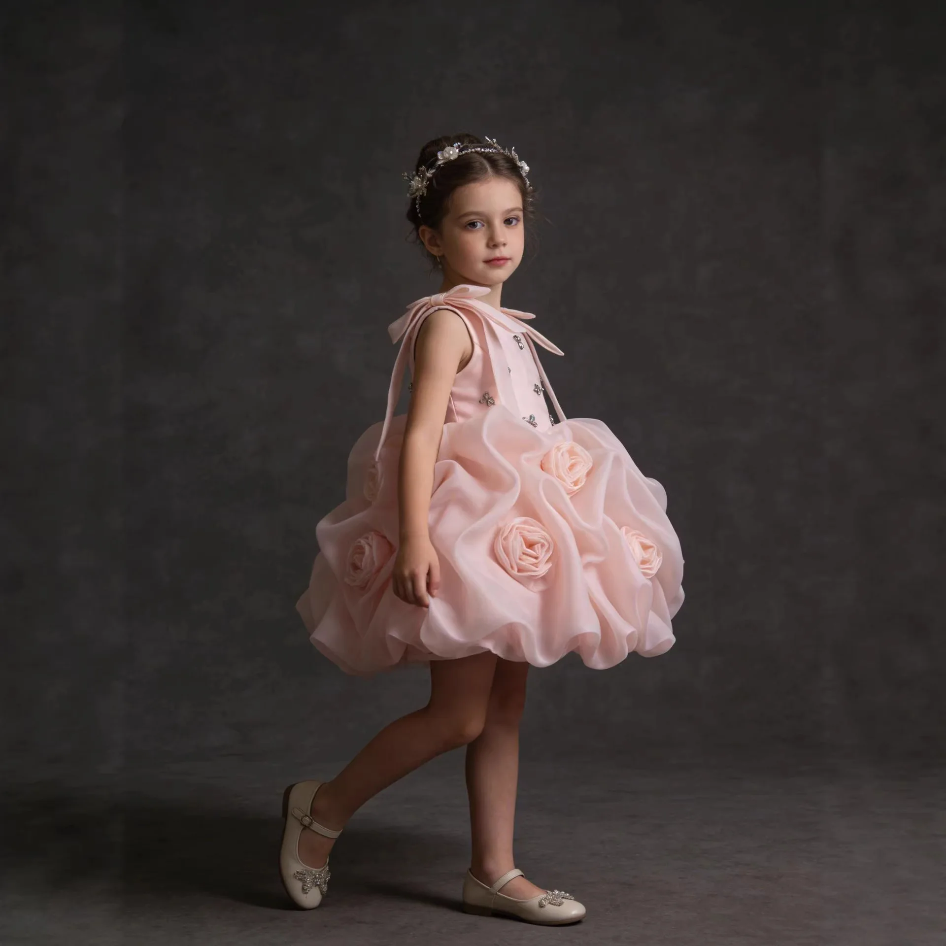 

Flower Girl Dress Pink Birthday Pageant Dress Beaded Collar Satin Bow Back Wedding Formal Party Flower Girl Gown Customized