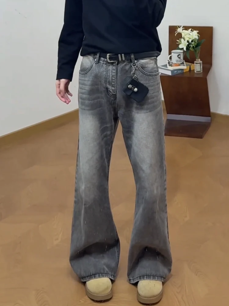 

Повседневные мужские джинсы с высокой талией и прямыми штанинами, черные, серые, в американском уличном стиле, свободного кроя, модные зимние брюки