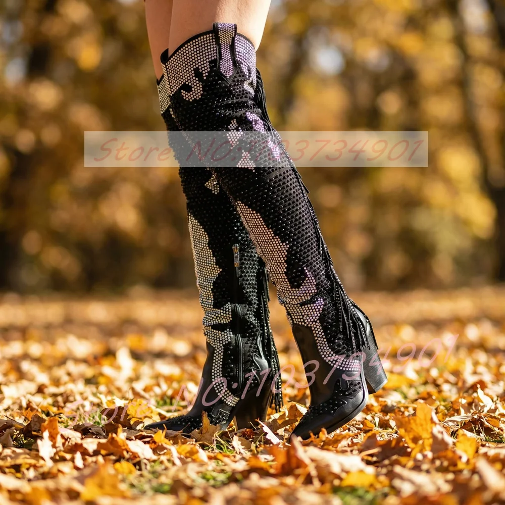 Full Crystals Over The Knee Western Boots Women Luxury Tassels Colorblock Chunky Heels Cowgirl Stylish Sexy Punk Nightclub Boots