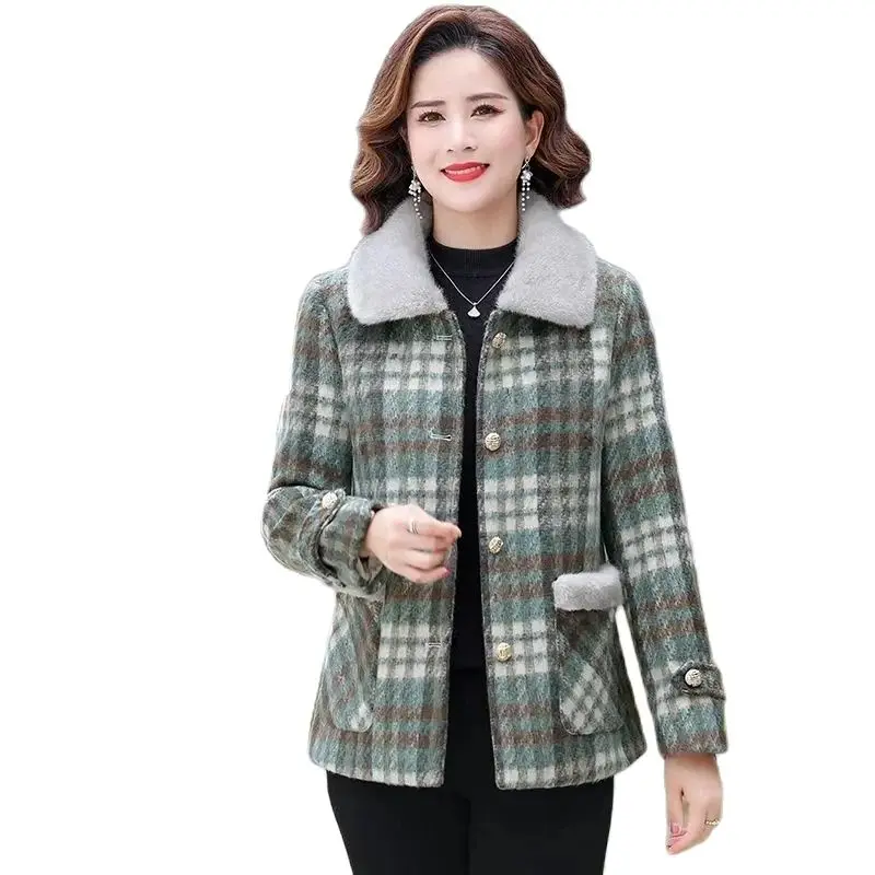 

Fashion Add Cotton Warm Woolen Coat Female Middle Aged Elderly Women's Grid Woolen Blending Jacket Tops Autumn Winter Outerwear