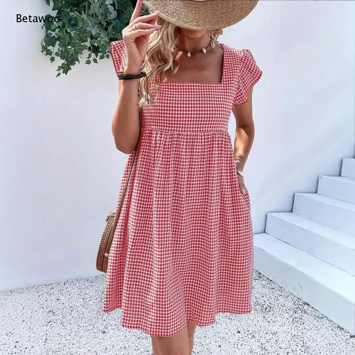 Women Checkered Square Neck Casual Dress Loose Sundress Breathable Fabric Cute Summer Outfit Suitable for Casual Meetups