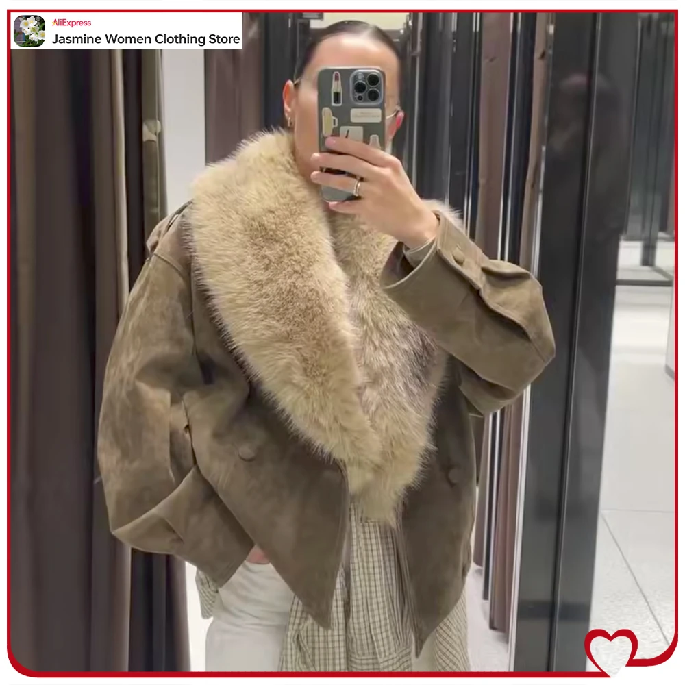 

Винтажные стильные замшевые кожаные куртки для женщин, новая великолепная верхняя одежда с зубчатым воротником с лацканами и съемным контрастным искусственным мехом