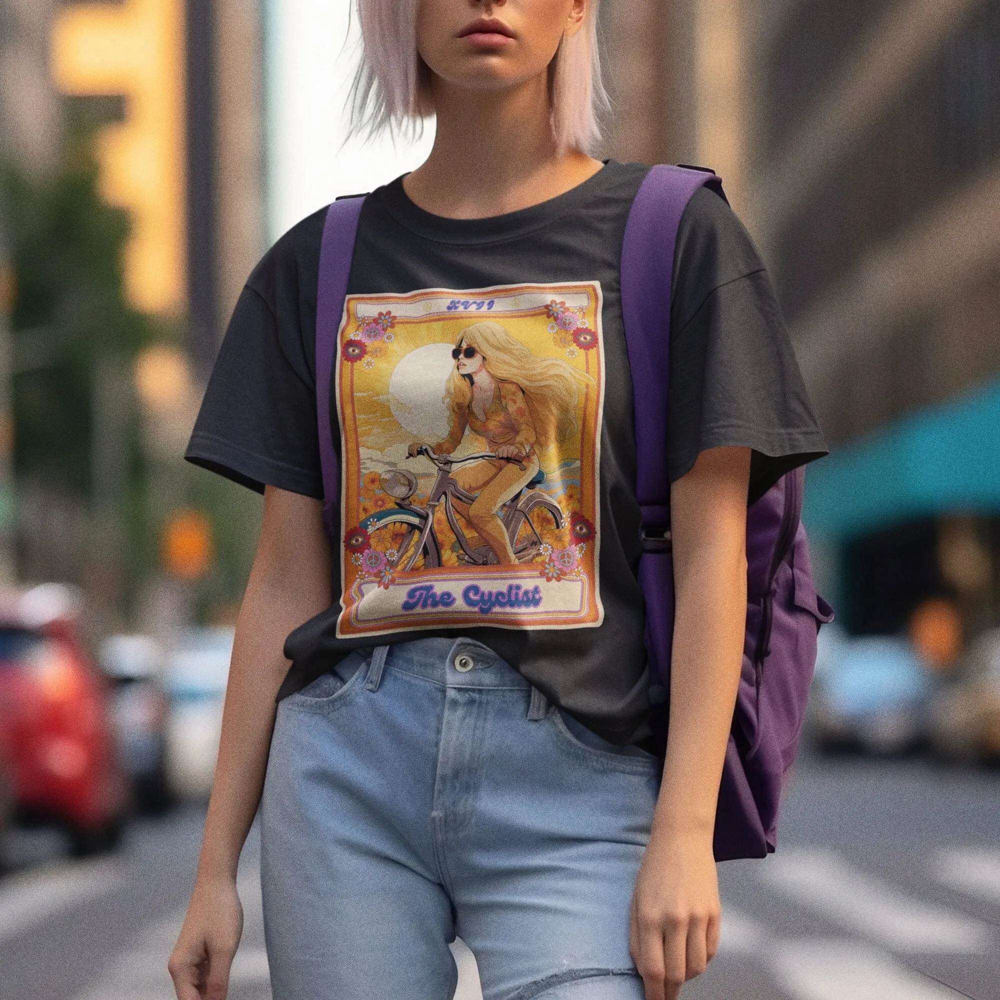 The Cyclist Tarot Card T Shirt Retro Bike Girl Bicyclist Cycling Women Vintage 70s Groovy