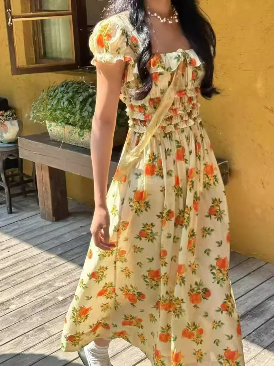 2025 New Women Yellow Flower Print Long Dress Bow Decoration Smocking Elastic Chest Square Collar Short Sleeve Elegant Robe