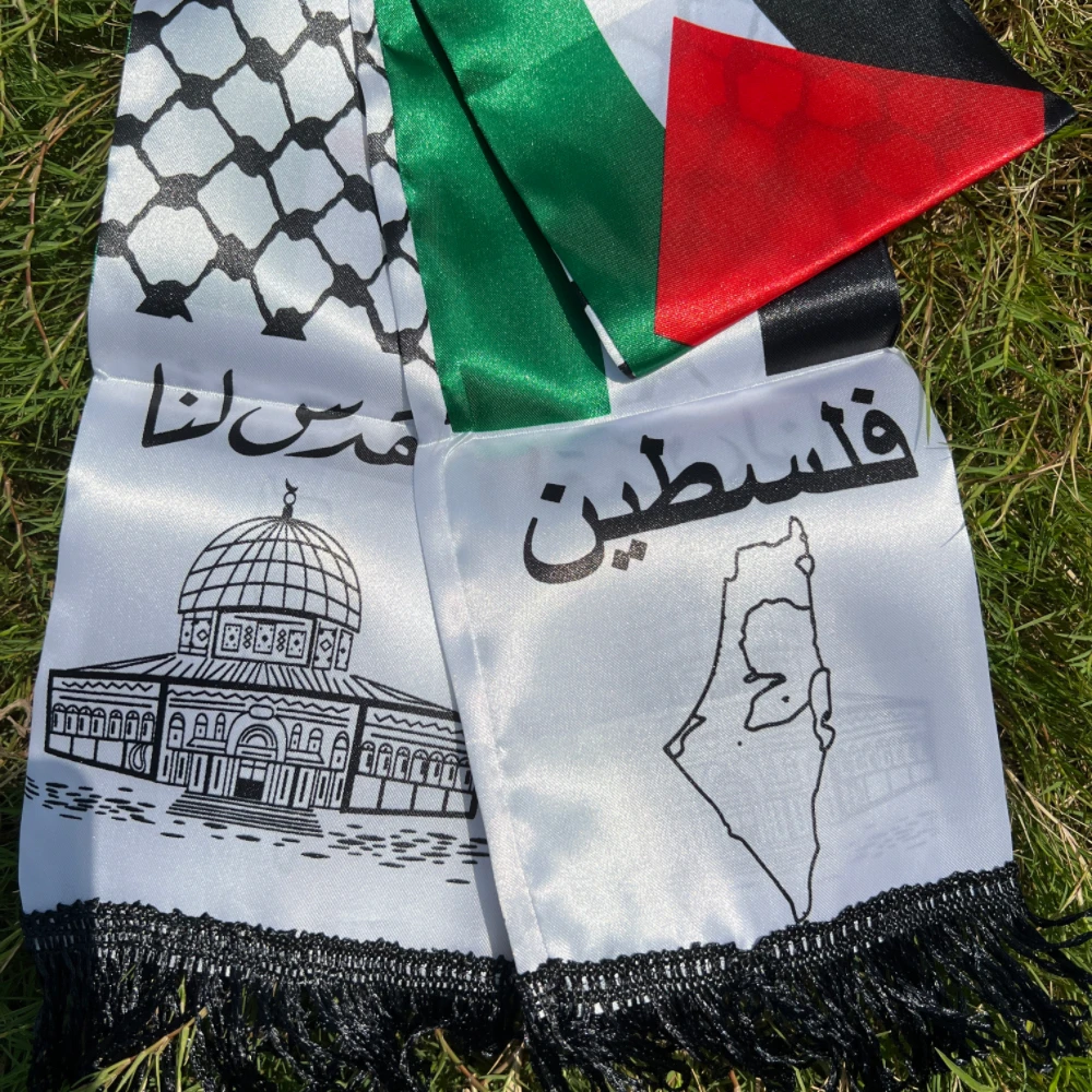 وشاح فلسطين 130 × 14 سم وجه ستان مطبوع فلسطين علم اليوم الوطني خريطة القصر وشاح شال #5