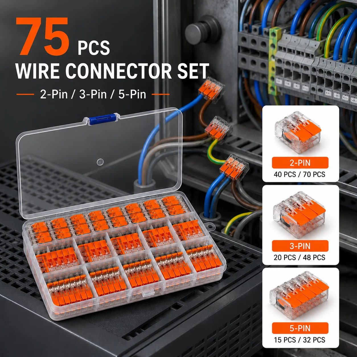 Electrical Wire Connector Kit 75PCS 2/3/5 Conductor Tool Free Lever Splicing for Solid Stranded Wire in Lighting Junction Boxes