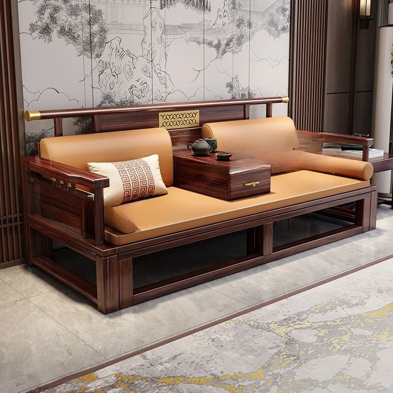 

New Chinese solid wood sofa bed living room Zen villa furniture with pull-out bed retractable sofa