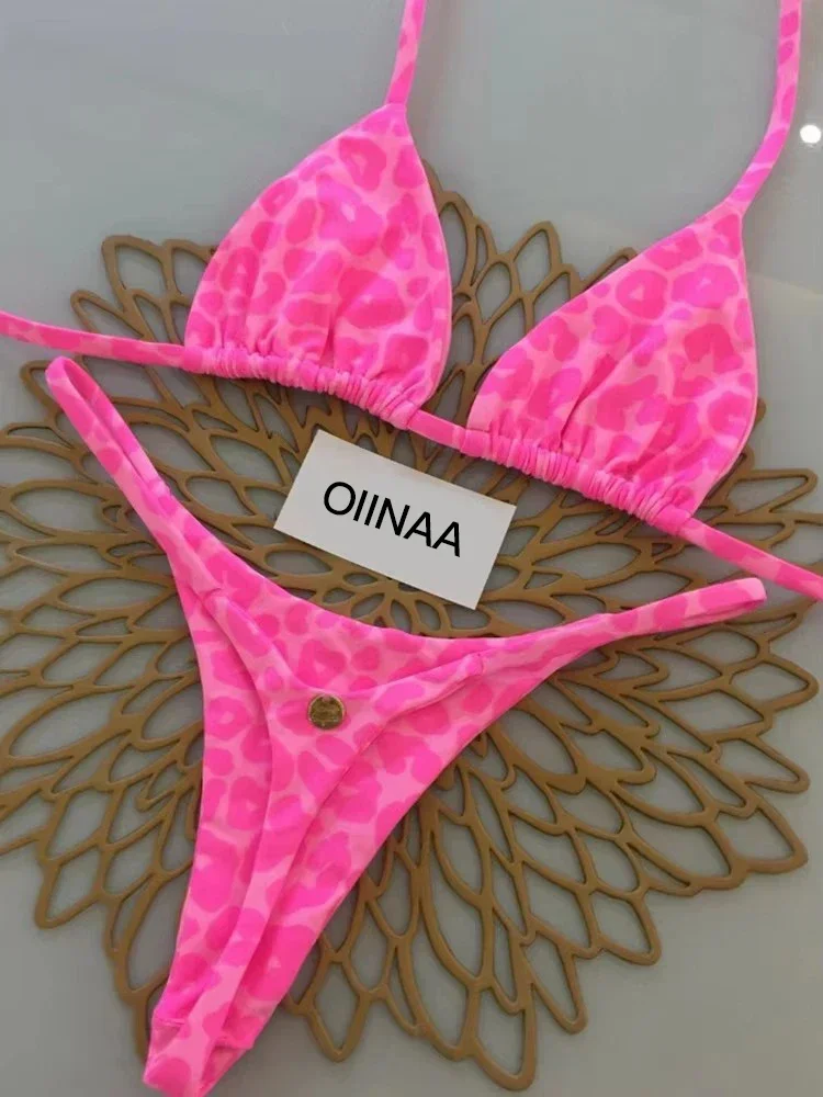 OIINAA Stampato Costume da bagno sexy Donna Bikini Set Perizoma Halter Backless Due pezzi Lace Up Moda femminile Costumi da bagno Costume da bagno Beachwear