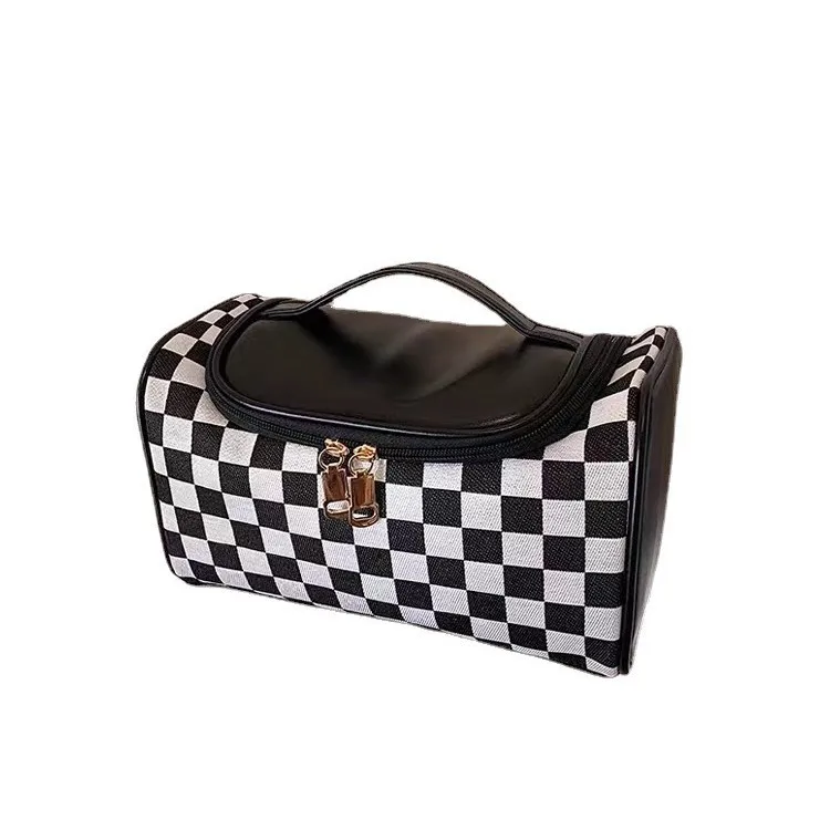 Damen-Kosmetiktasche, Retro-karierte PU-Kosmetiktasche, leichte, luxuriöse tragbare Aufbewahrungstasche, tragbare Kosmetiktasche mit großem Fassungsvermögen, niedliche Tasche