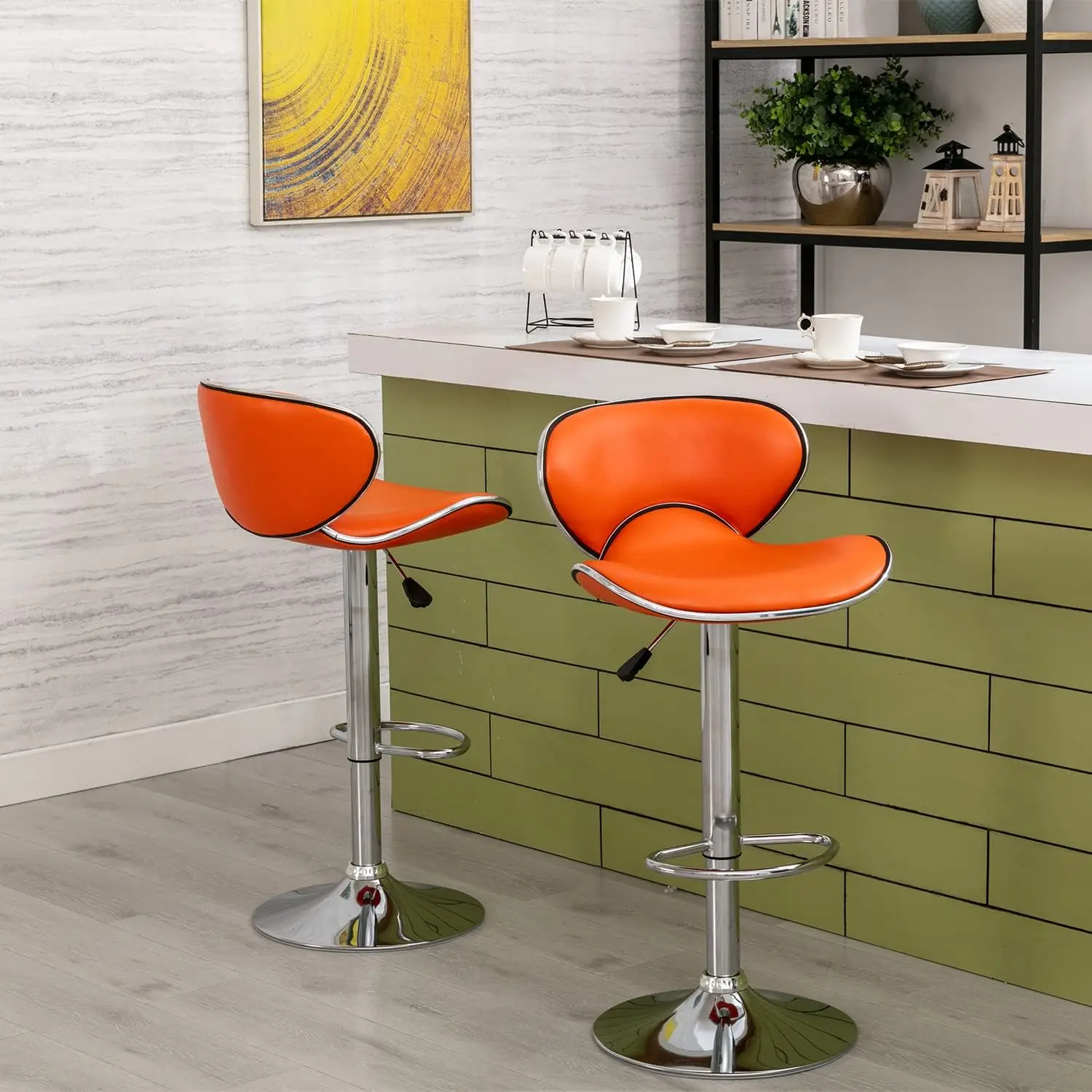 Leather Adjustable Bar Stools, Modern Swivel Airlift Barstools with Back, Armless Counter Height Chair