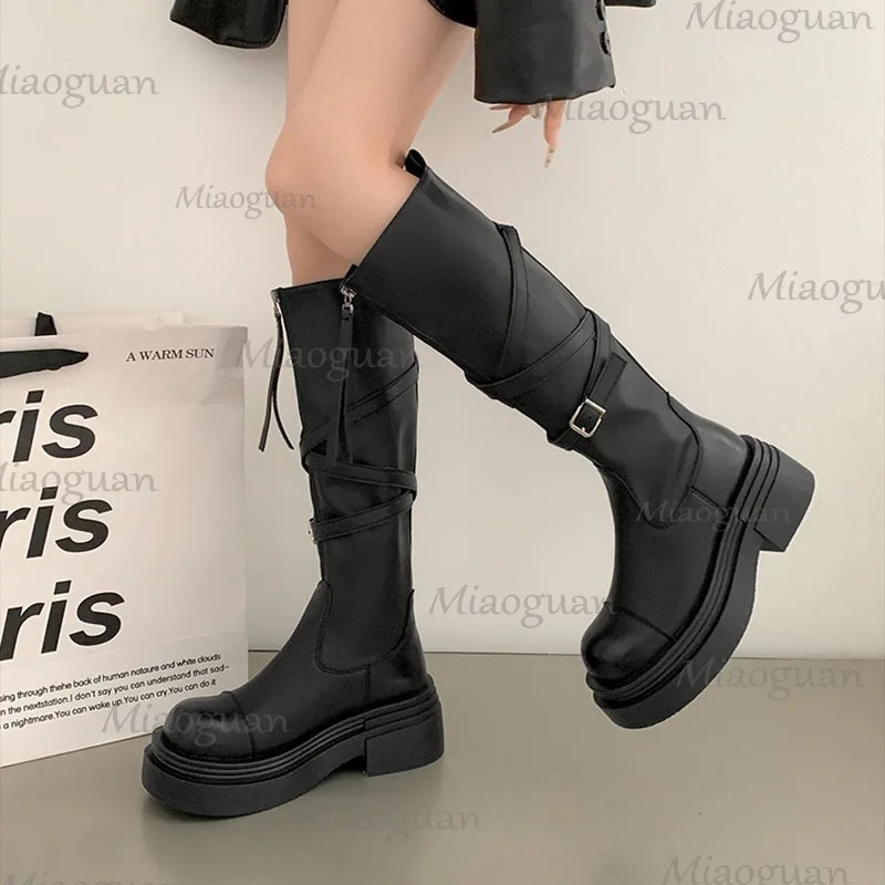 

Black Retro British Style Thick Bottom Long Boots Spring Autumn Heightening Shoes for Women Chunky Heeled Upper Zip Knight Botas