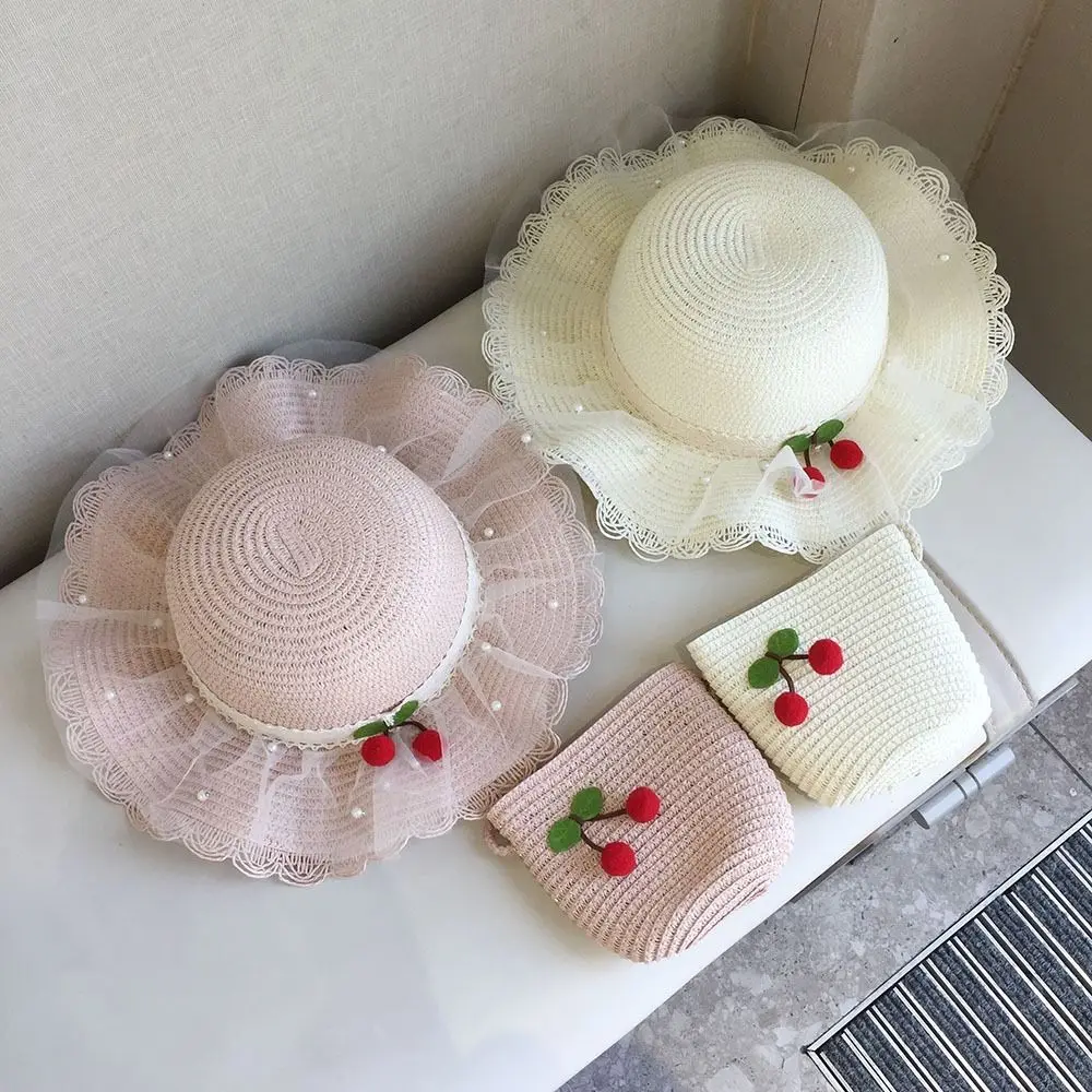 

Wide Brim Children Sun Hat Pearl Decoration Breathable Material Kids Sun Hat Lace Trim Straw Material Sun Protection Hat