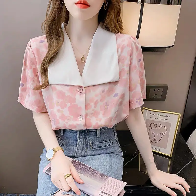 

DAYIFUN-Women's Floral Printed Design French Shirts Lady Tops Flip Collar Chiffon Blouses Niche Bubble Sleeve Summer New