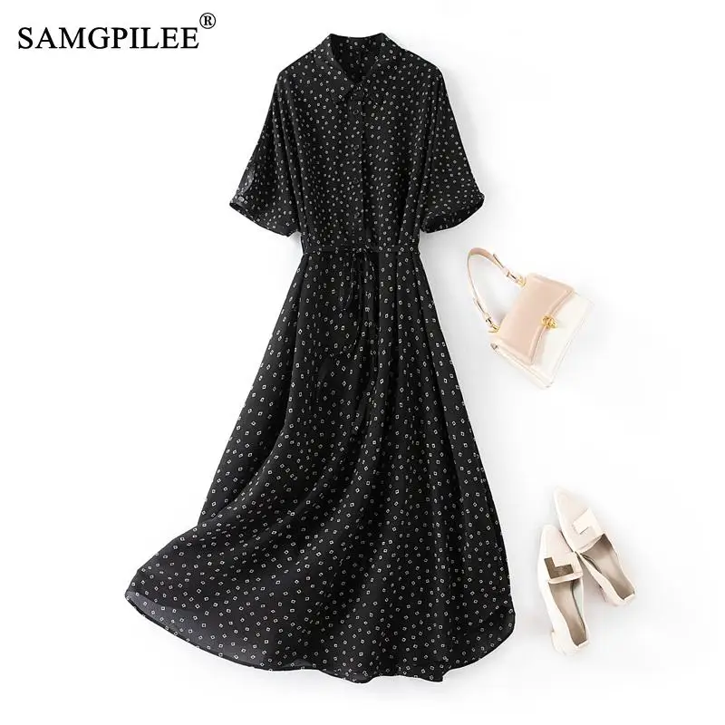 

Dresses For Women 2023 New Loose Turn Down Collar With Belt Over Knee Thin Chiffon Long Short Sleeve Elegant Casual Female Dress