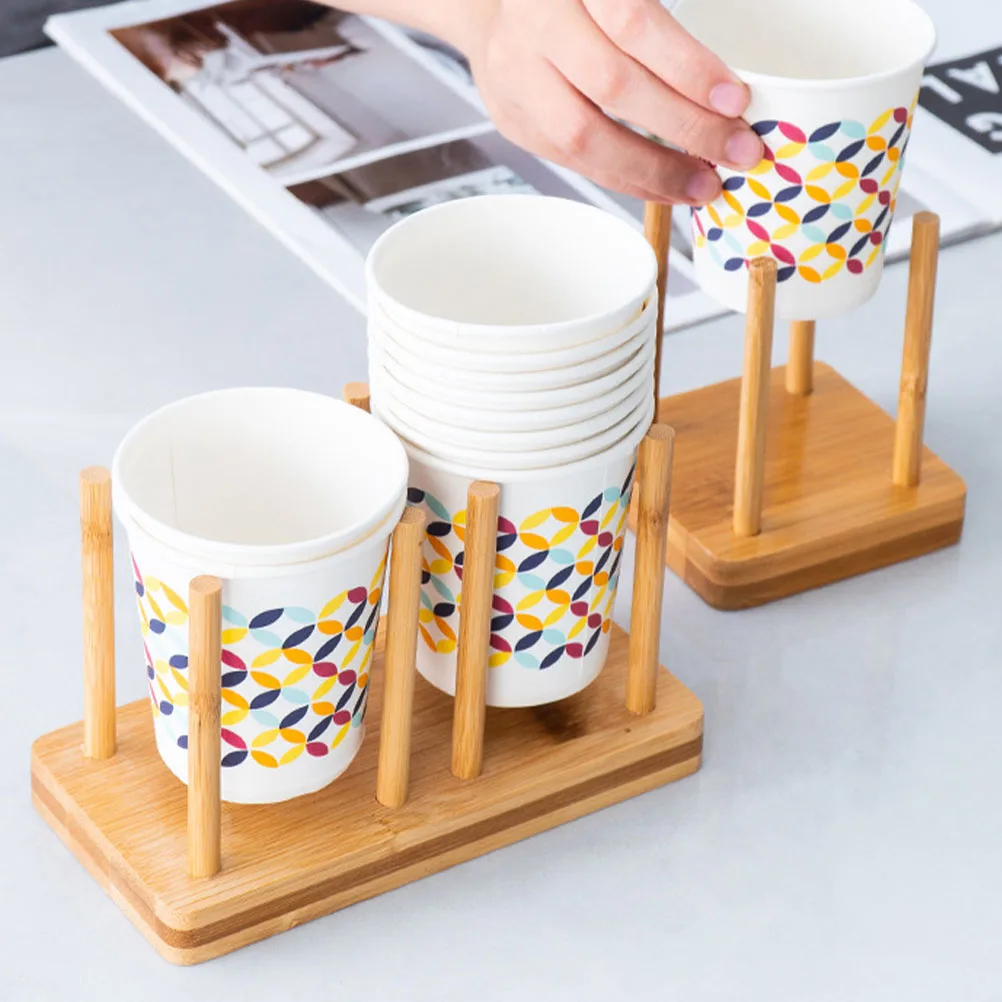 

2pcs Bamboo Wood Cup Holder Dispenser Organizer Stand Home Bar Café Use Eco-Friendly Paper Cup Storage Rack Stylish Design Easy