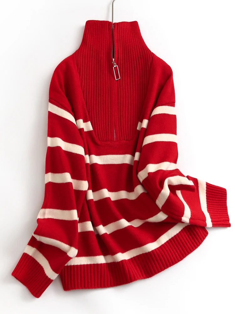 

Thiened Long Sve Knitted Sweater Striped Base Layer irt f Zipper Collar Lazy Sle Women's Faion Spring Season
