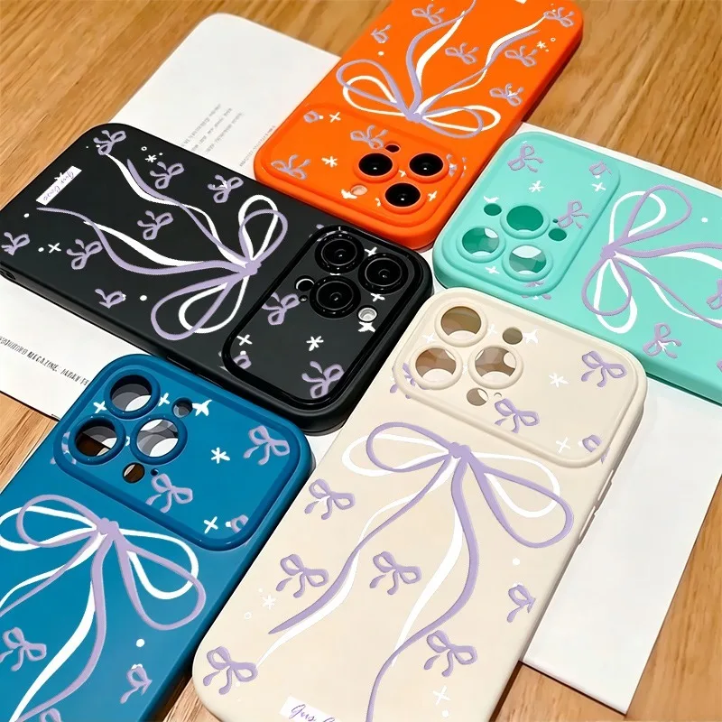 Coque de téléphone souple antichoc en TPU avec grand nœud violet et motif étoile pour iPhone 17 16 15 14 13 12 11 Pro Max Plus