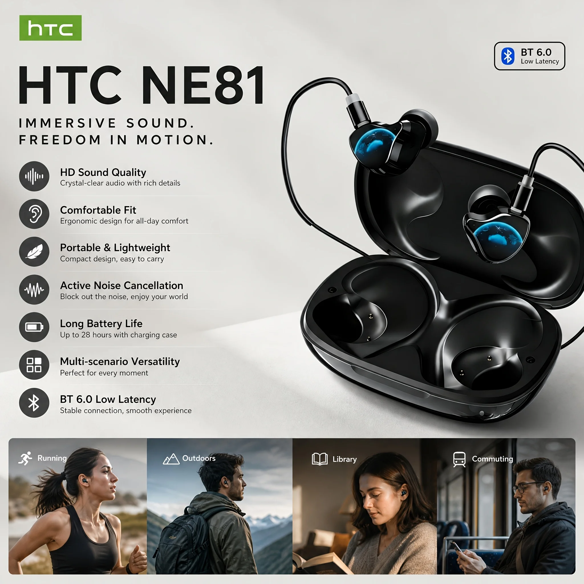 HTC NE81 Bluetooth-Kopfhörer Lange Akkulaufzeit 3-in-1 Kabelgebunden und Kabellos Umschaltbar HIFI-Klangqualität Geeignet für den Täglichen Gebrauch