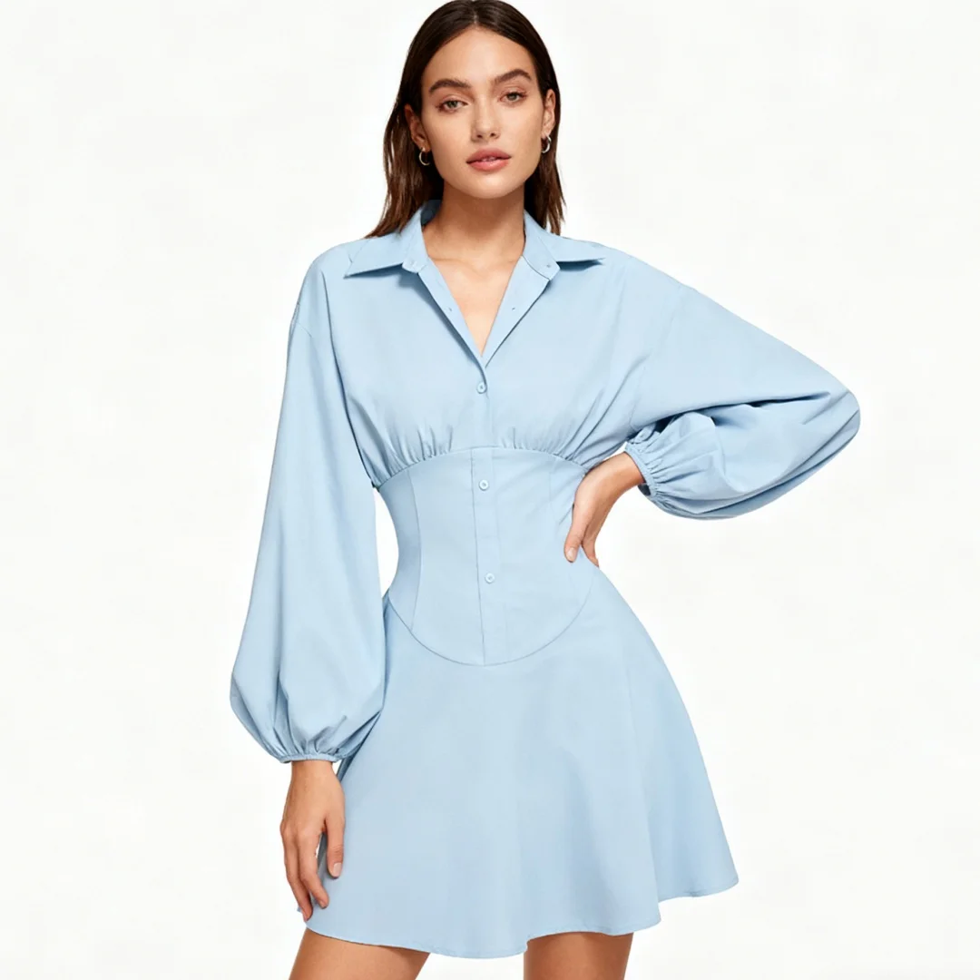 فستان نسائي قصير عصري بلون سادة، خصر عالي، أكمام منتفخة، تنورة منفوشة، مزاج أنيق لمظهر كاجوال أنيق