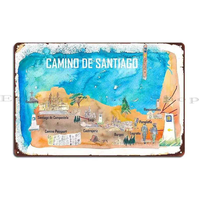 Camino Santiago St Jacques James Travel Poster Favorite Map Pilgrimage Highlights Metal Sign Create Designing Tin Sign Poster