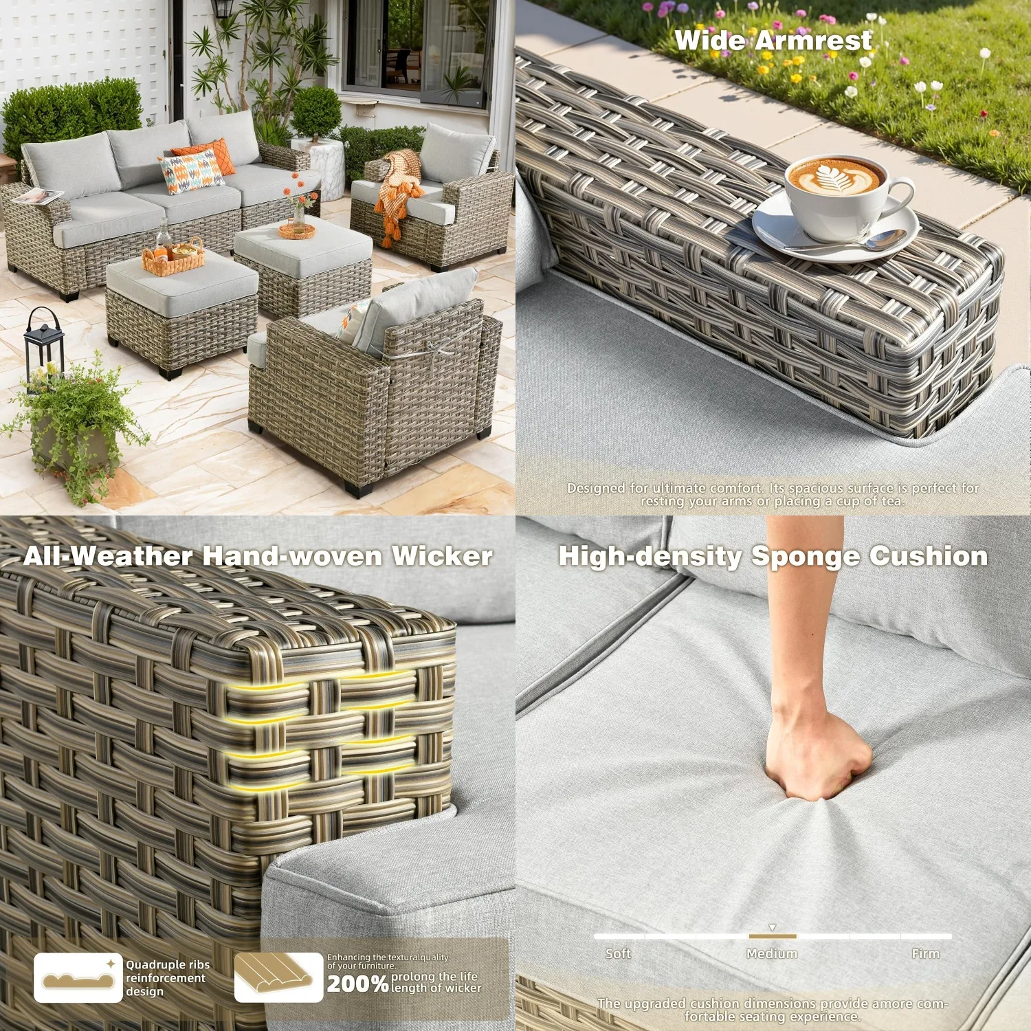 

7pc Outdoor Sectional Rattan Sofa Manual Weaving Wicker Conversation Set with Ottomans & T Cushion, Customized