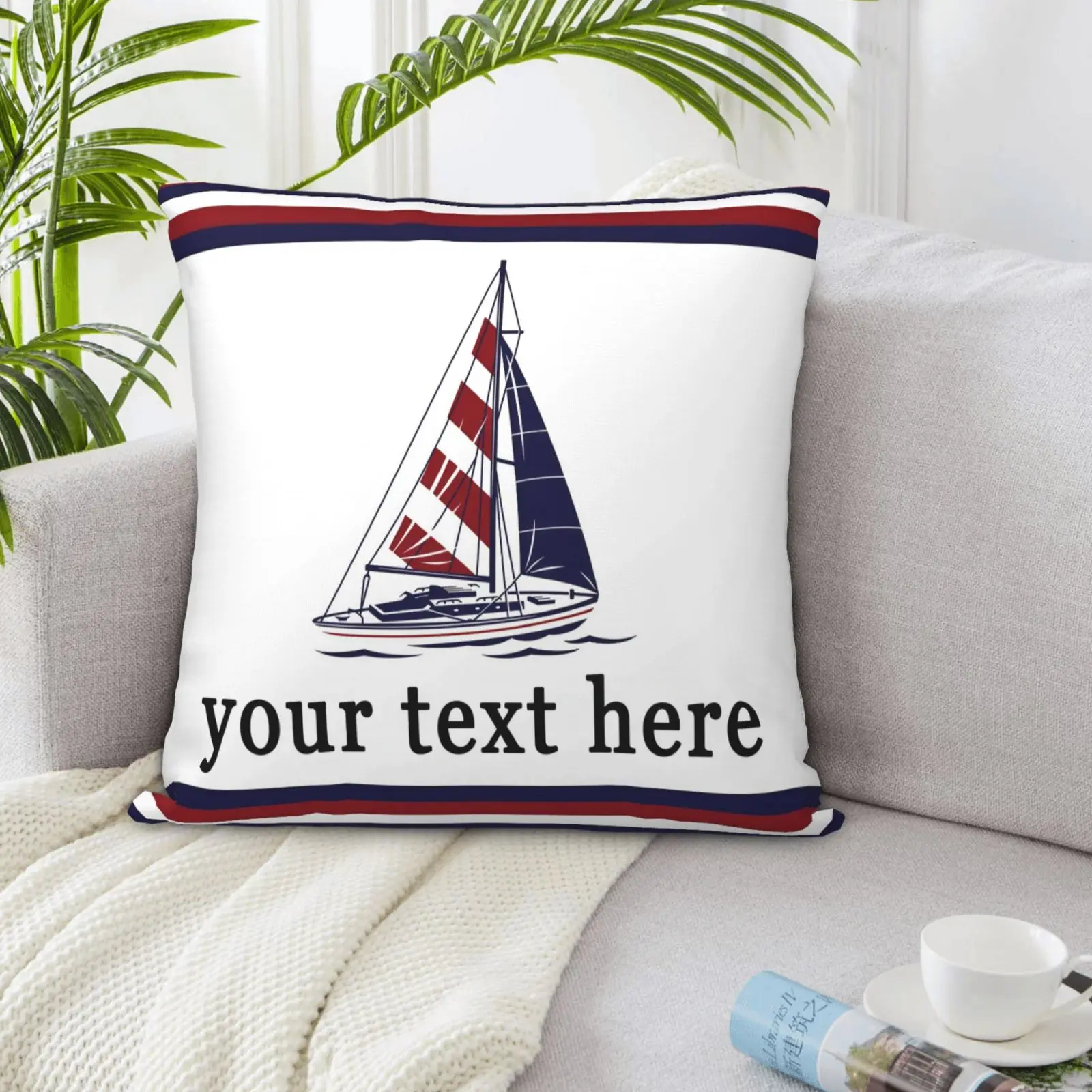 Custom Sailboat Nautical Cushion Cover Personalized Text Coastal Style Throw Pillow Case for Home Sofa Decor